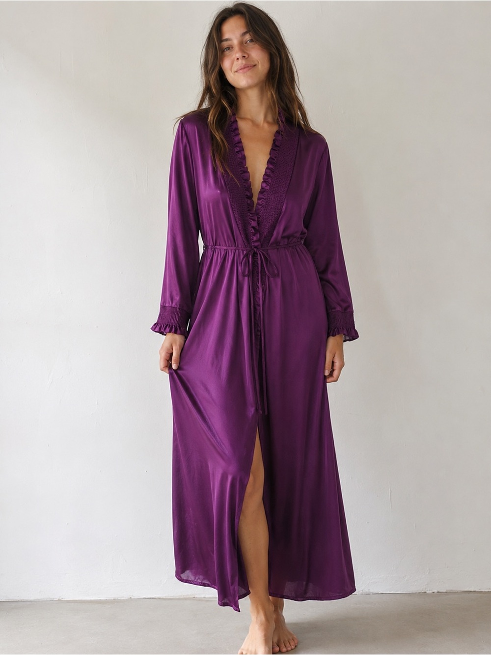 Vintage JC Penny Womens Purple Satin Long Maxi Robe size M Glam Boudoir